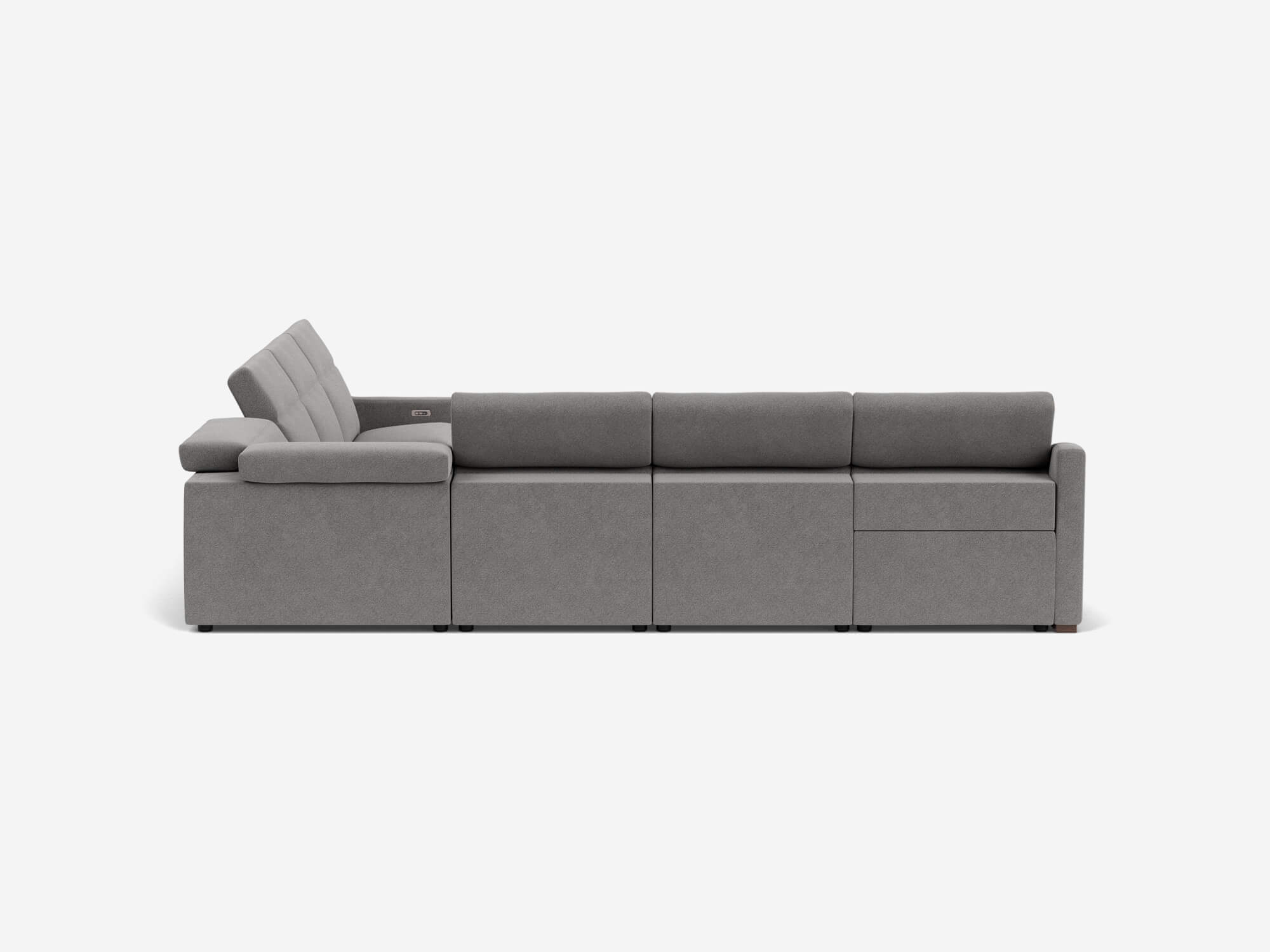 Back left hand view of grey reclining sectional sofa